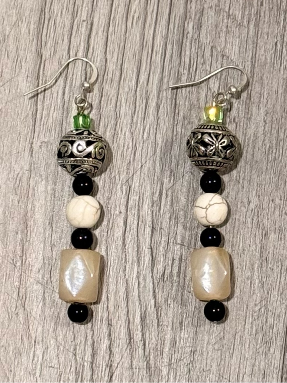 Green Accent Cream and Black Beaded Dangle Earrings - Women Jewelry